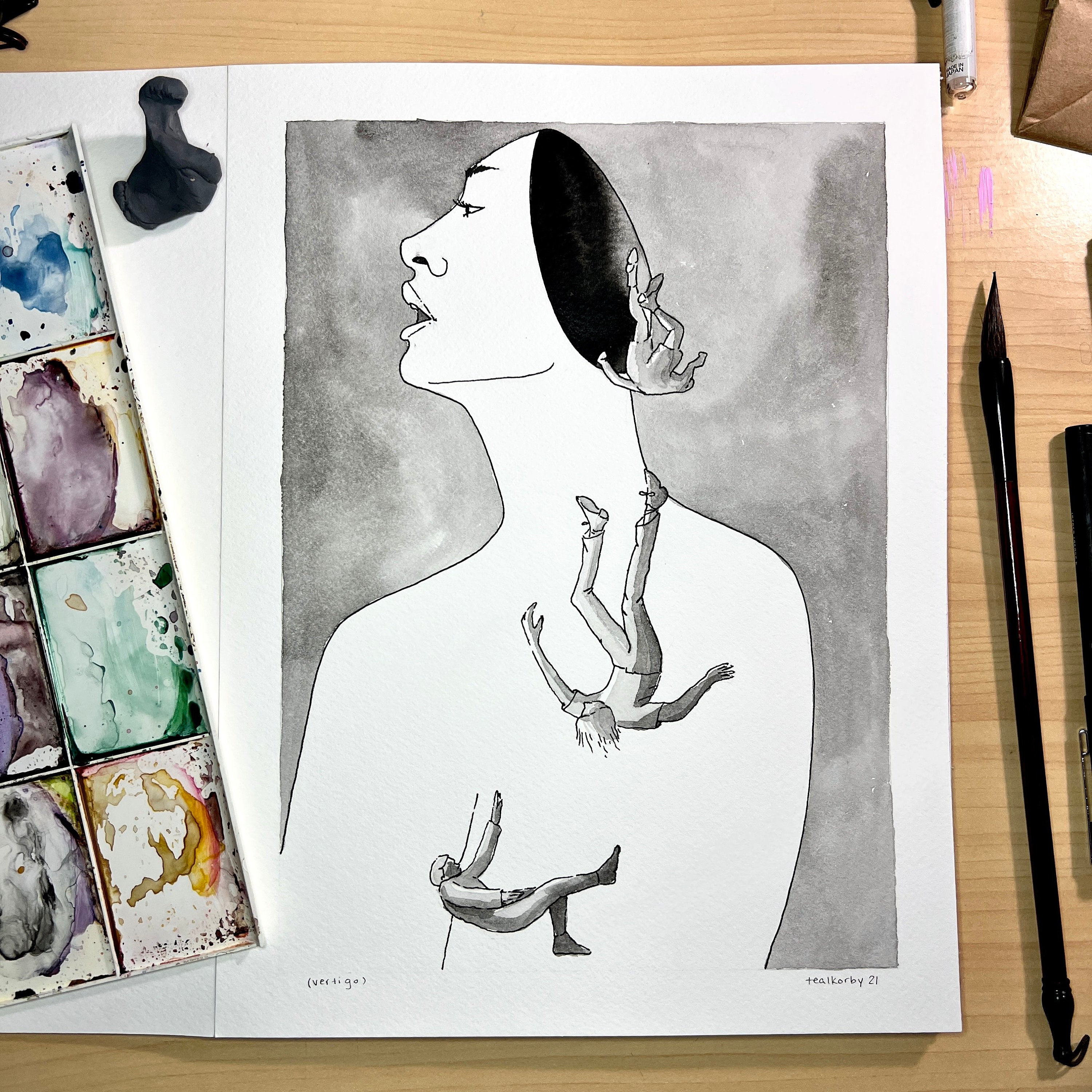 Falling (Original Ink and Watercolor)